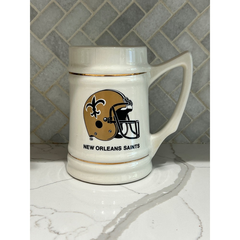 Vintage New Orleans Saints NFL Ceramic Beer Stein Mug Gold Trim Helmet Logo